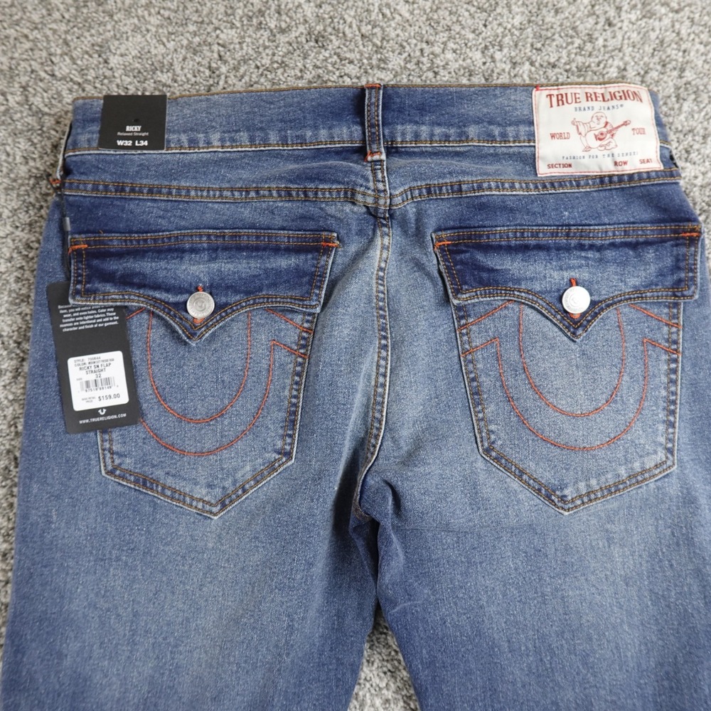 NEW True Religion Jeans Mens 32X34 Dark Blue Denim Pants Ricky Relaxed Straight